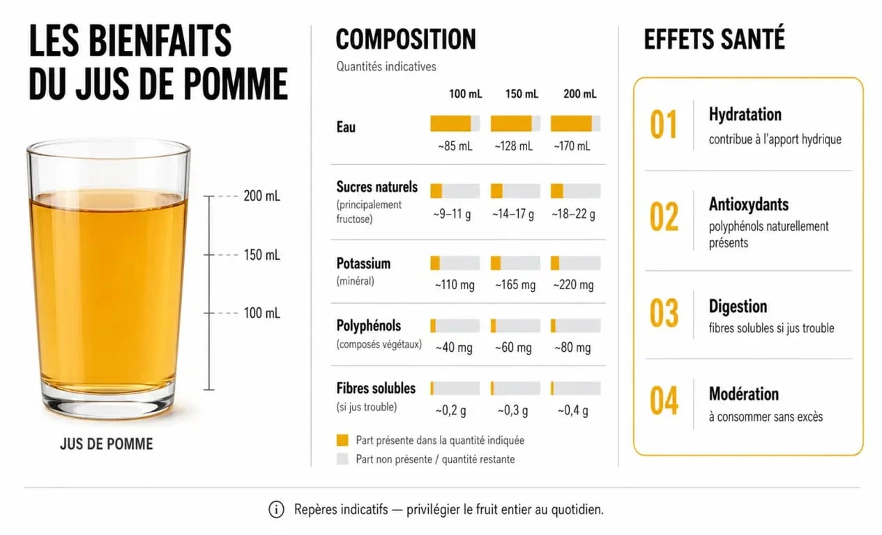 Infographie sur les bienfaits du jus de pommes bienfaits avec nutriments, antioxydants et modération