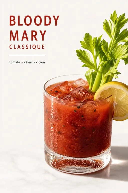 Recette bloody mary servie dans un tumbler avec céleri, citron et glaçons