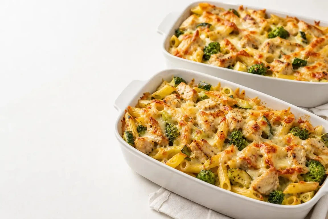 Plat unique pour 12 personnes : gratin de pâtes au poulet, légumes et fromage dans un grand plat familial