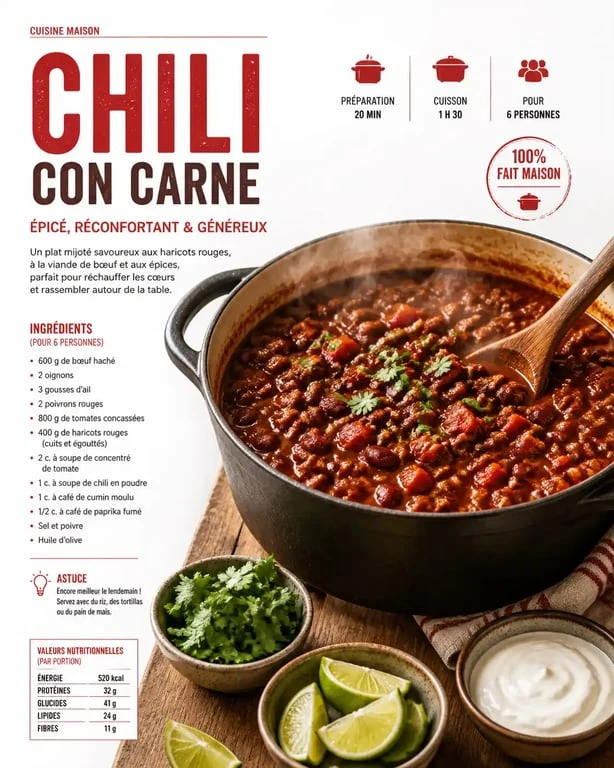 Grand plat de chili con carne pour un repas pour 30 personnes