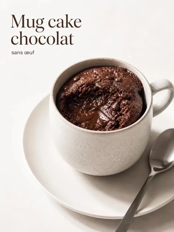 Mug cake sans oeuf au chocolat moelleux servi dans un mug, recette rapide au micro-ondes