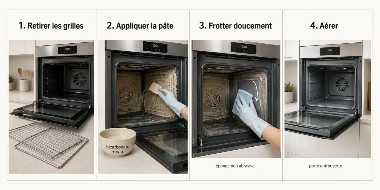 Comment nettoyer four : illustration en 4 étapes pour dégraisser, frotter doucement et aérer le four