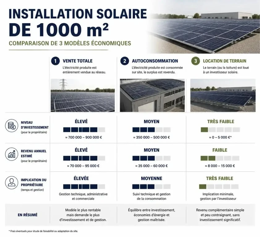 Comparatif des revenus et investissements pour 1000 m2 de panneaux solaires