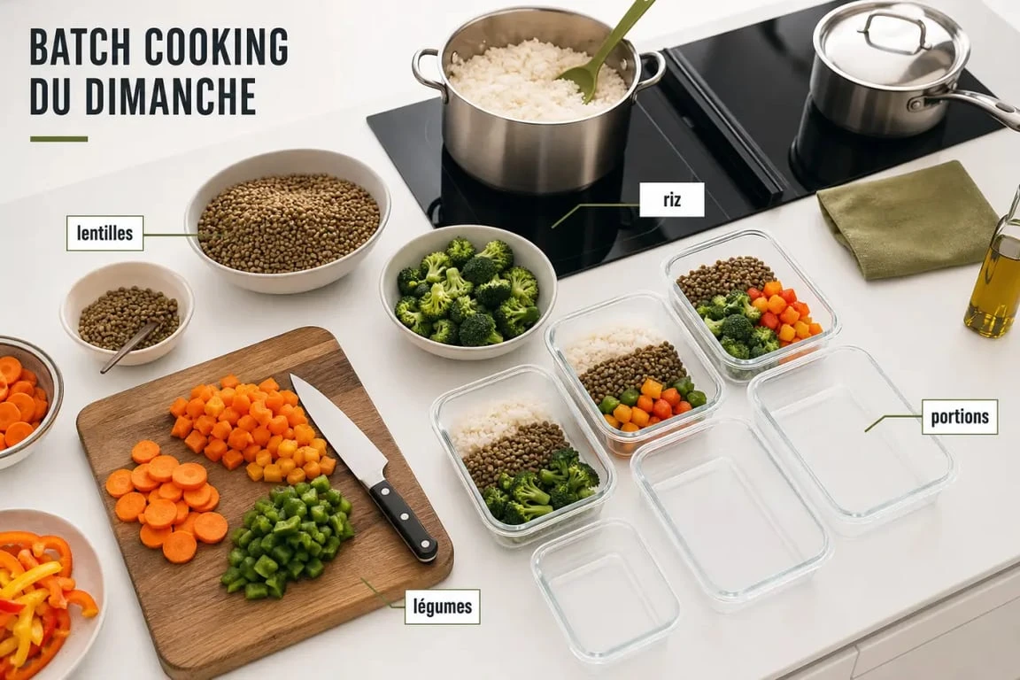Le batch cooking pour la semaine : préparation organisée de repas avec boîtes hermétiques, riz, légumes rôtis et curry