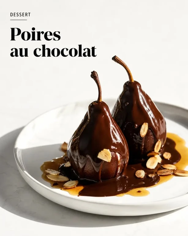 Recette des poires au chocolat servies dans une assiette élégante avec sauce chocolat noir et amandes grillées