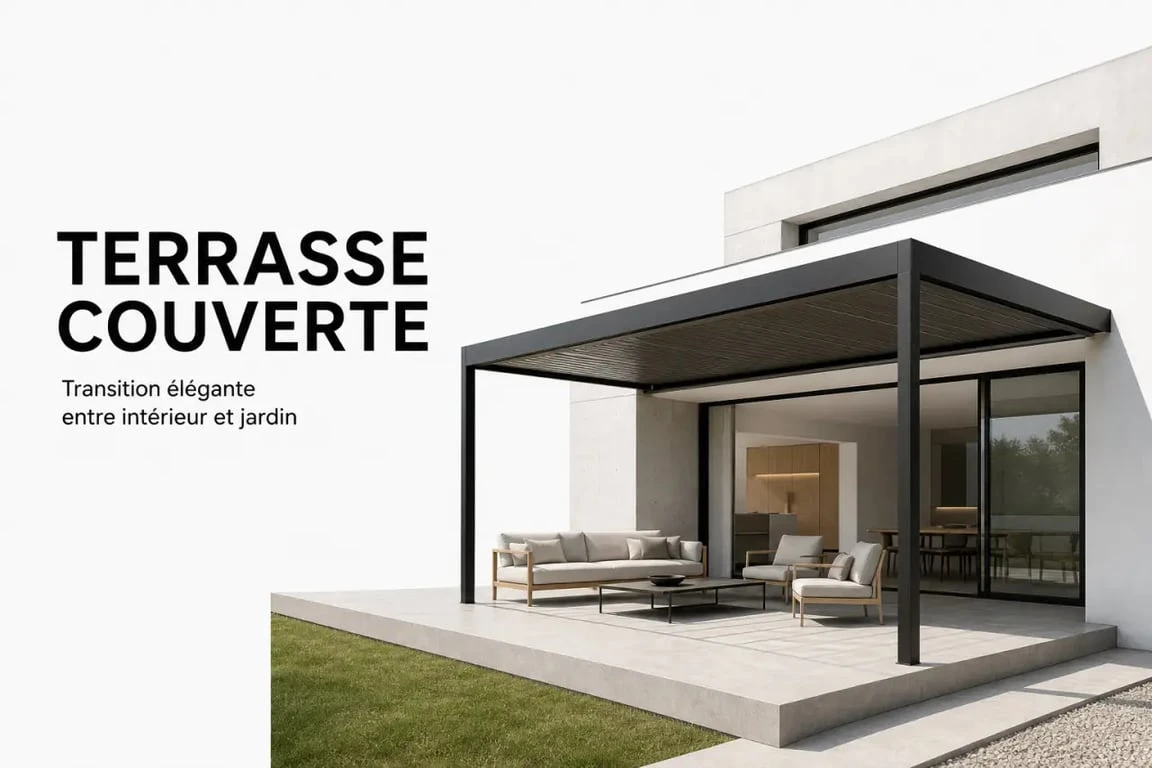 Terrasse couverte maison adossée à une façade avec pergola élégante et salon extérieur