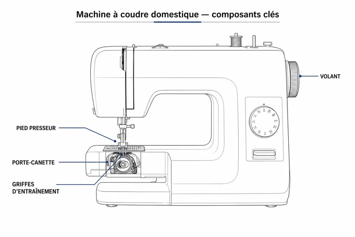 Schéma des composants d'une machine à coudre pour débutant