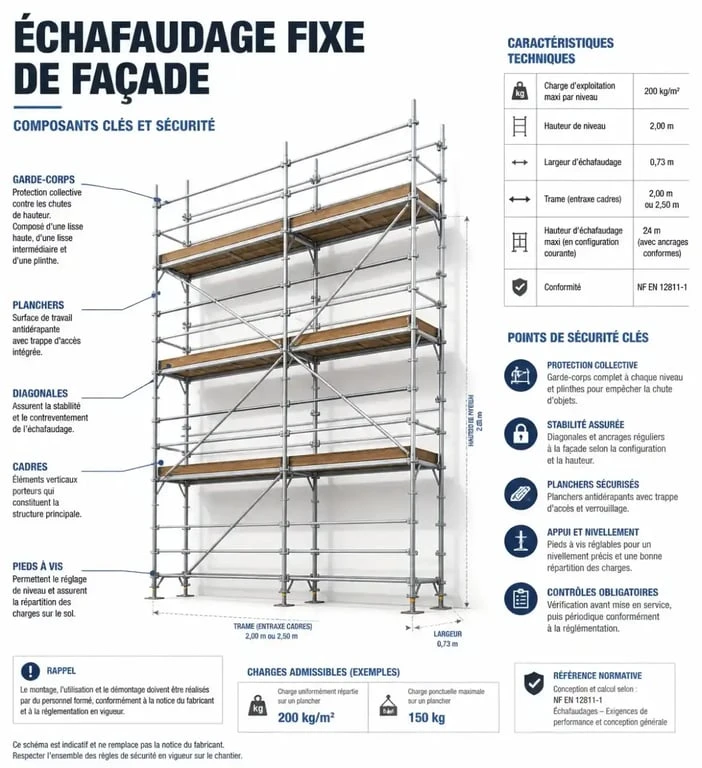 Schéma des composants d'un échafaudage fixe conforme aux normes de sécurité