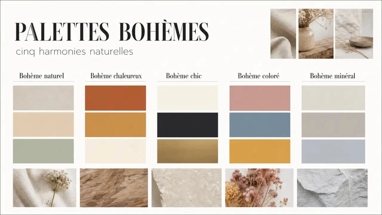 Couleur bohème : moodboard de palettes naturelles, chaleureuses et colorées