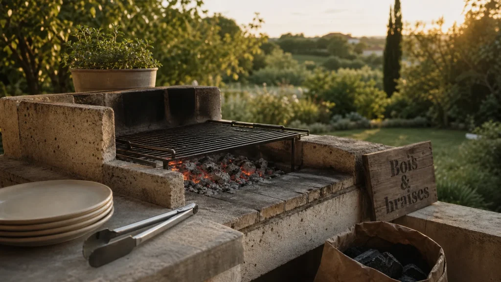 Faire un barbecue maison au bois ou au charbon, barbecue en briques et braises rouges