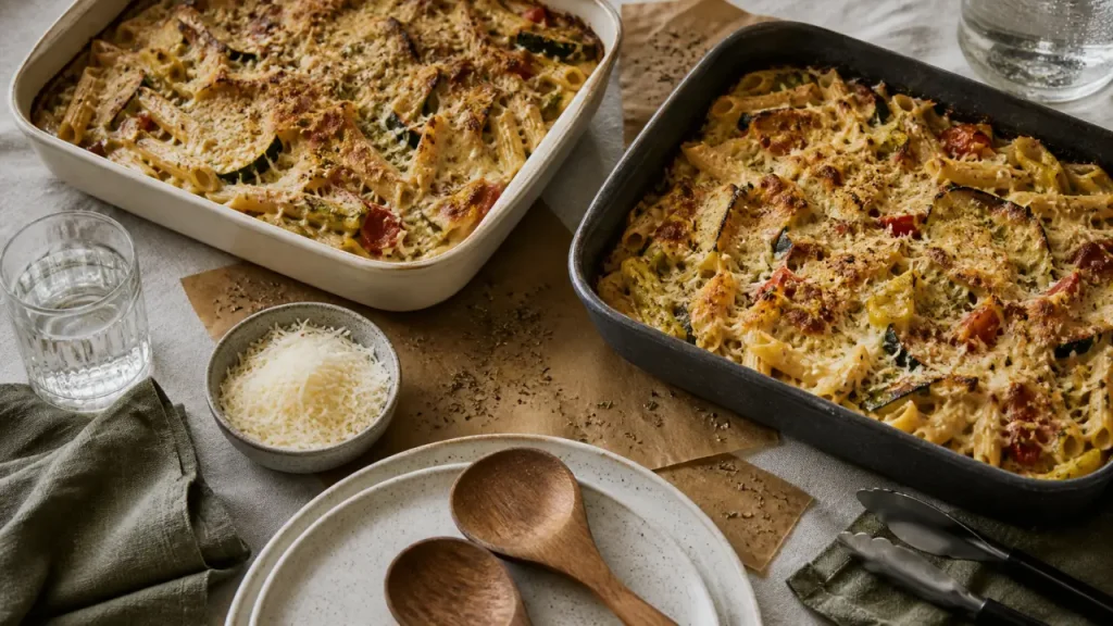 Gratin de pâtes, plat unique pour 12 personnes, poulet et légumes