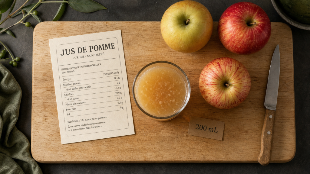 Jus de pommes bienfaits : verre de jus de pomme trouble avec pommes