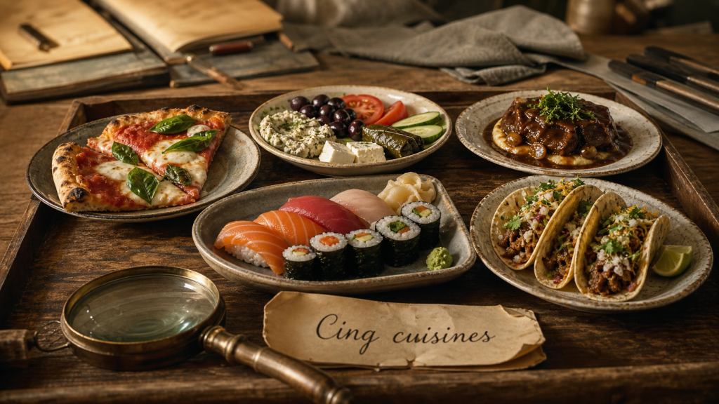 Les 5 grandes cuisines du monde : Italie, Grèce, France, Japon, Mexique sur cinq assiettes.