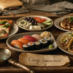 Les 5 grandes cuisines du monde : Italie, Grèce, France, Japon, Mexique sur cinq assiettes.