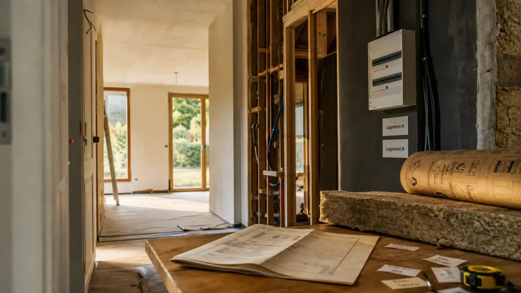 Maison divisée en 2 logements : tableau électrique Logement A et B, rénovation intérieure