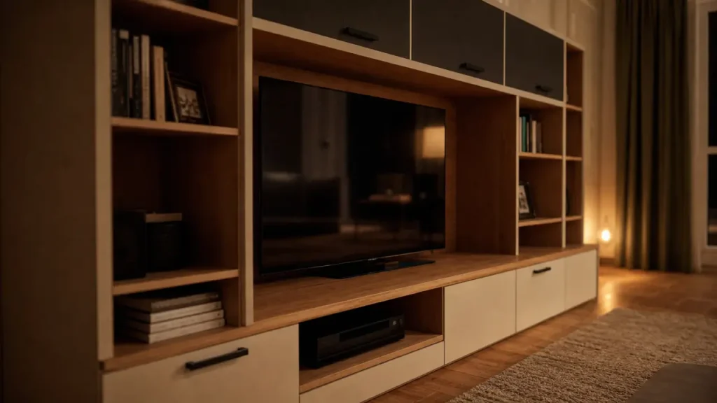 Meuble bibliothèque tv 140 cm blanc chêne, tiroirs et abattants gris anthracite, salon