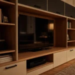 Meuble bibliothèque tv 140 cm blanc chêne, tiroirs et abattants gris anthracite, salon