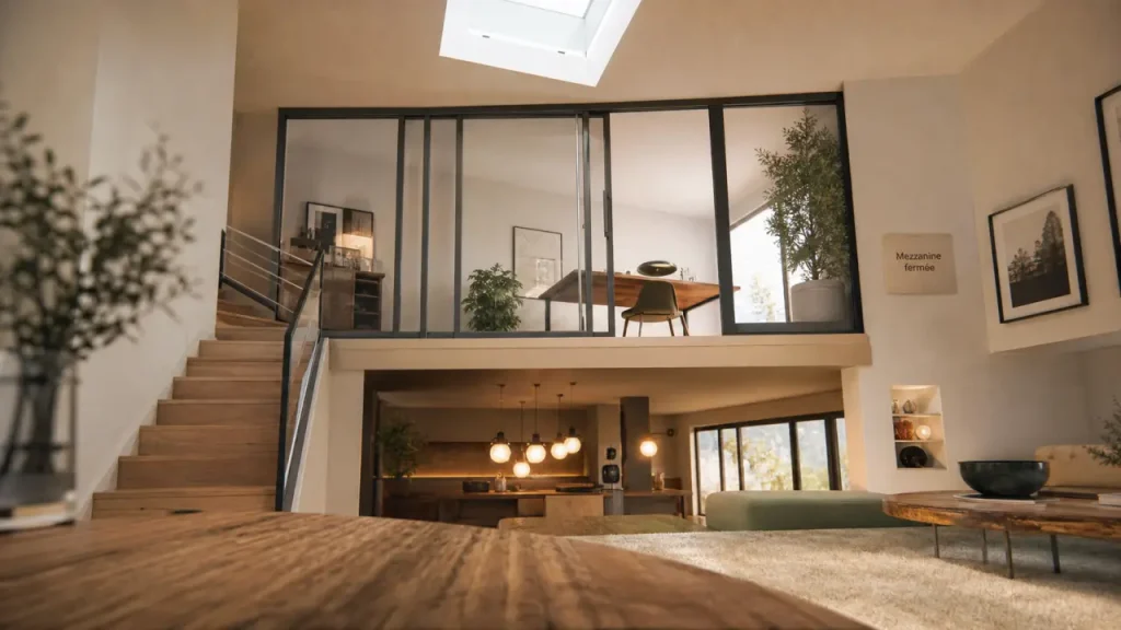 Mezzanine fermée vitrée, garde-corps en verre et lumière naturelle