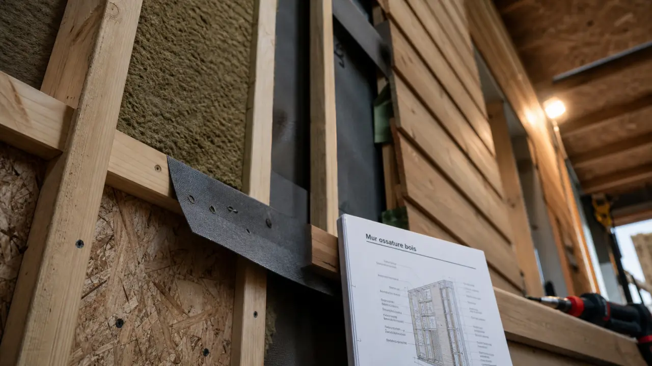 Mur à ossature bois en chantier, ossature bois et isolant
