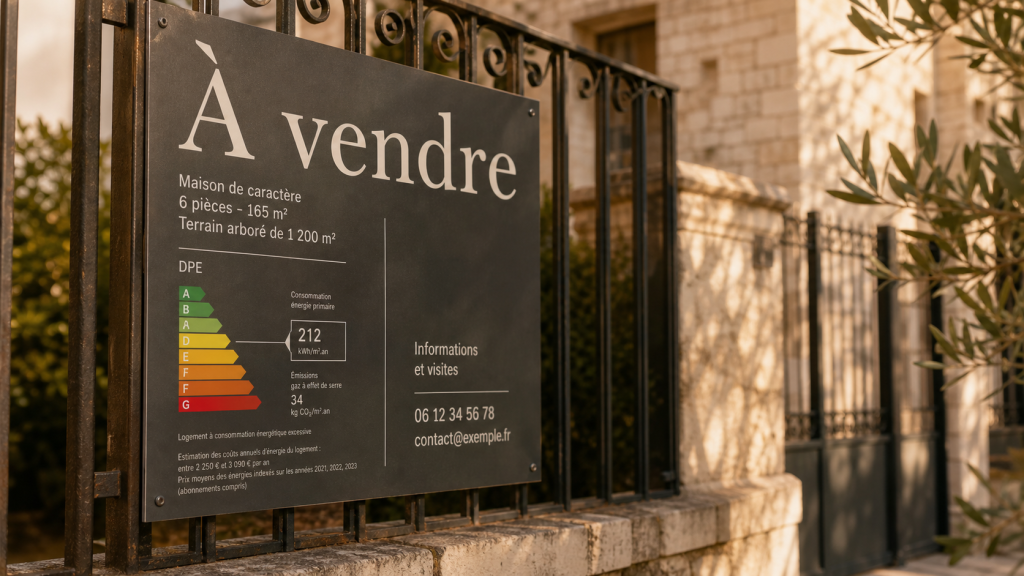 Panneau immobilier avec mention À vendre et DPE à vérifier