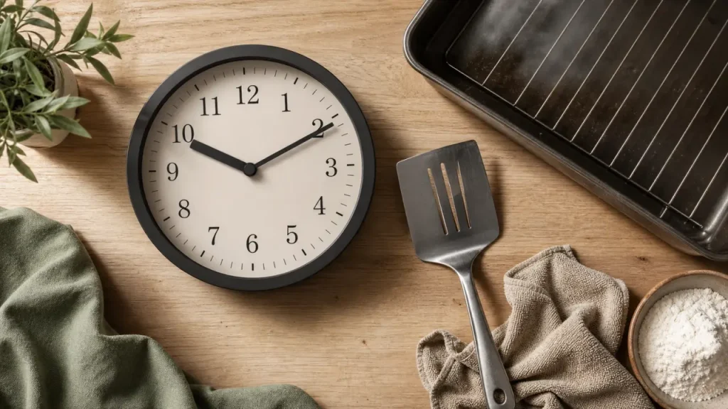 Pendule pour cuisine, cadran lisible noir mat sur plan de travail bois