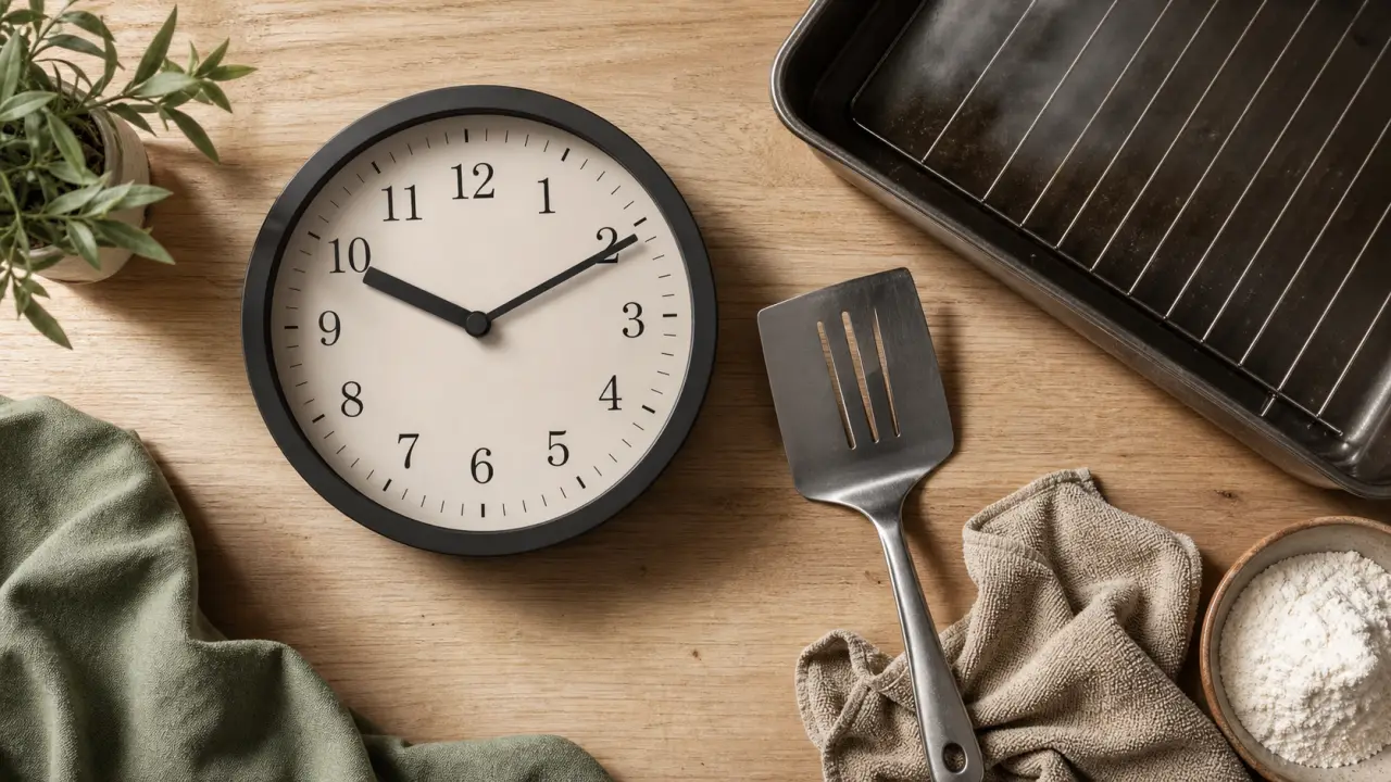 Pendule pour cuisine, cadran lisible noir mat sur plan de travail bois