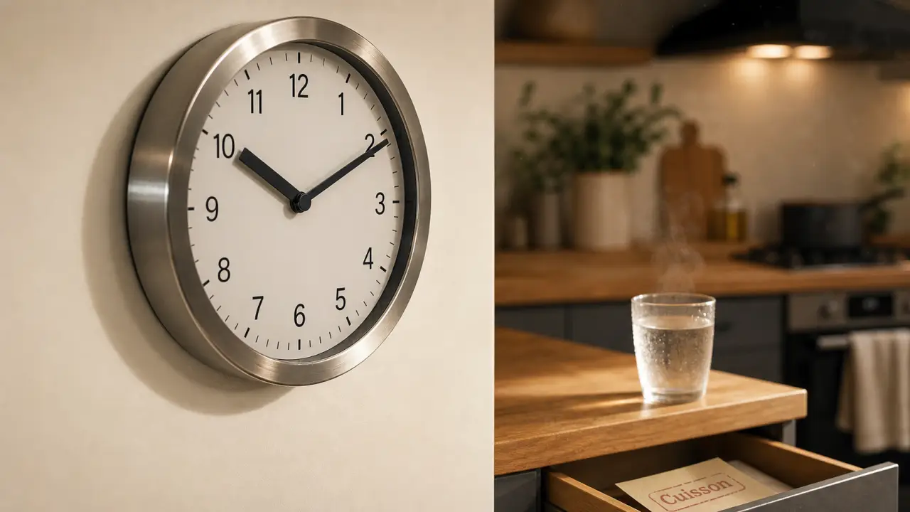 Horloge murale en acier brossé au grand cadran clair dans une cuisine moderne