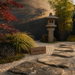 Plantes pour jardins japonais : petit jardin zen, érable, hakonechloa et ophiopogon