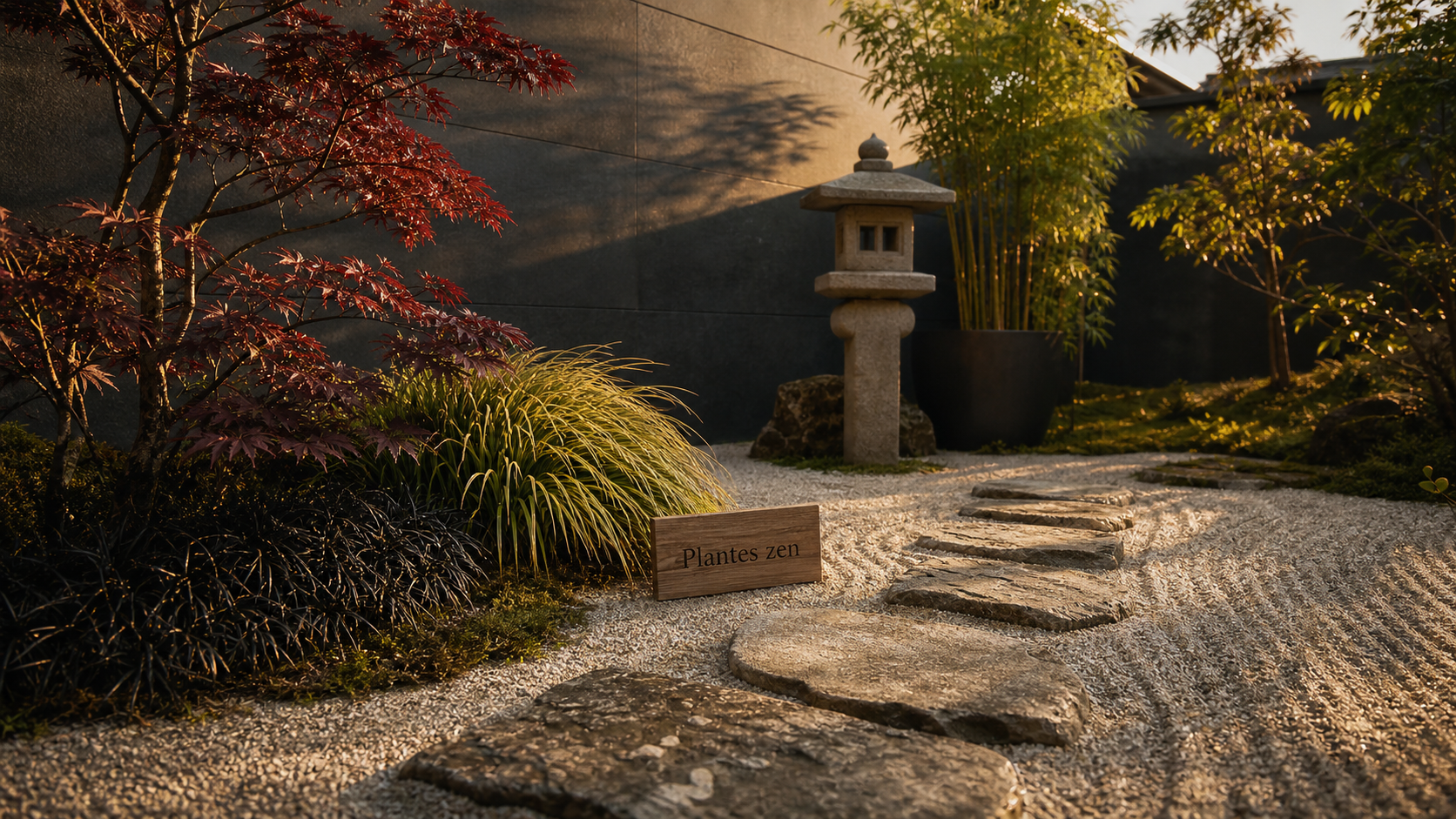 Plantes pour jardins japonais : petit jardin zen, érable, hakonechloa et ophiopogon