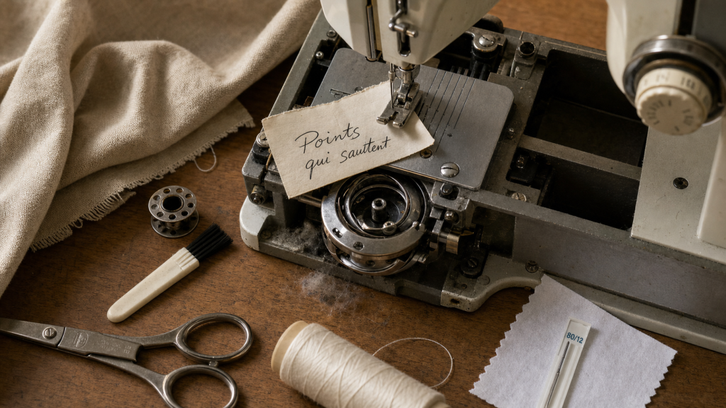 Problème machine à coudre ne coud pas : machine ouverte et pièces, réflexes
