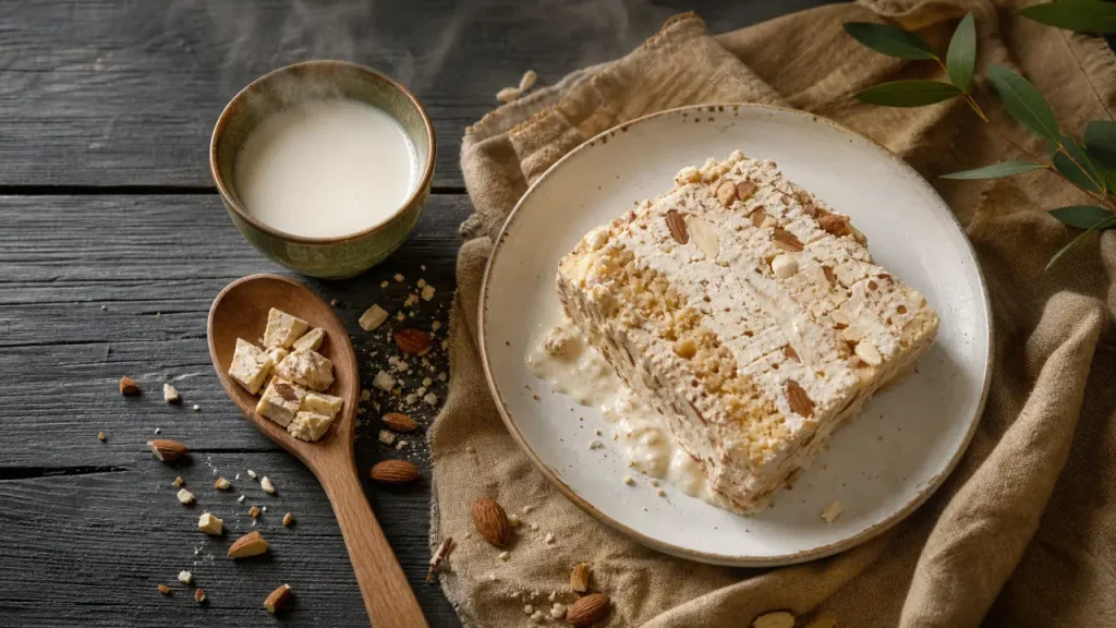 Recette de gâteau au nougat facile : tranche de gâteau moelleux au nougat tiède, miettes et amandes