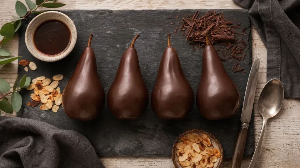 Poires au chocolat réussies en 35 min, avec des poires fermes et une sauce nappante