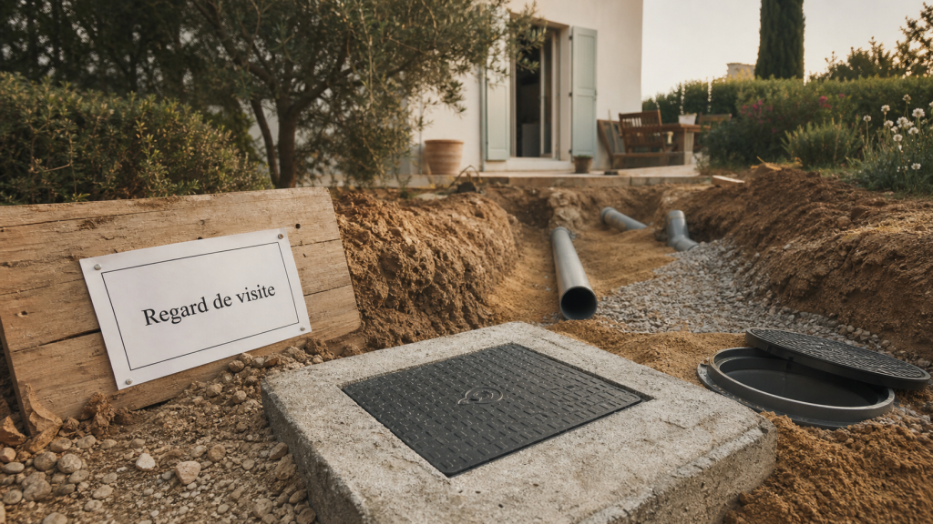 Regard de visite pour eaux usées, couvercle béton et PVC en tranchée remblayée