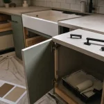 Rénover sa cuisine sans changer les meubles : poignées noir mat et façade ouverte avec échantillons de teintes