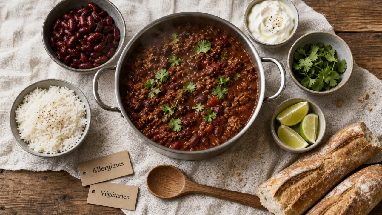 Repas pour 30 personnes : chili con carne, riz, haricots, crème, coriandre