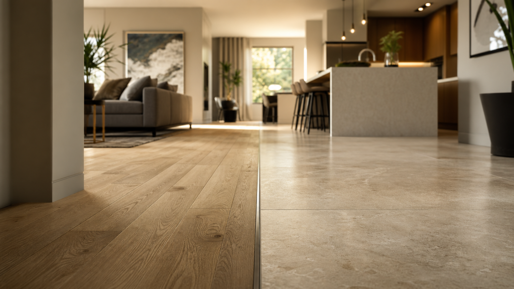 Jonction salon parquet cuisine carrelage : transition nette bois et carrelage