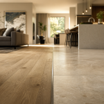 Jonction salon parquet cuisine carrelage : transition nette bois et carrelage