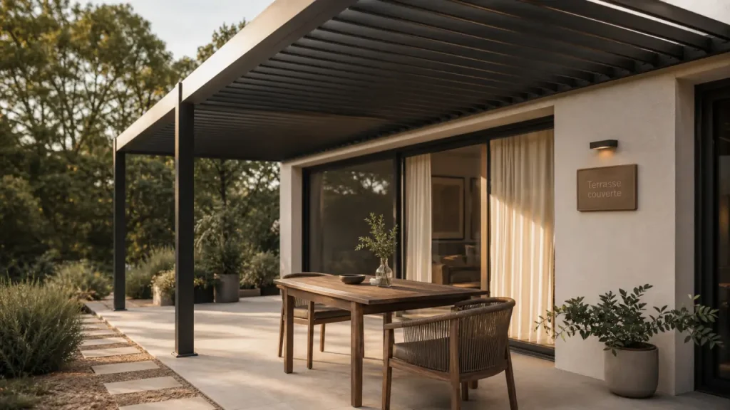 Terrasse couverte maison avec pergola aluminium anthracite