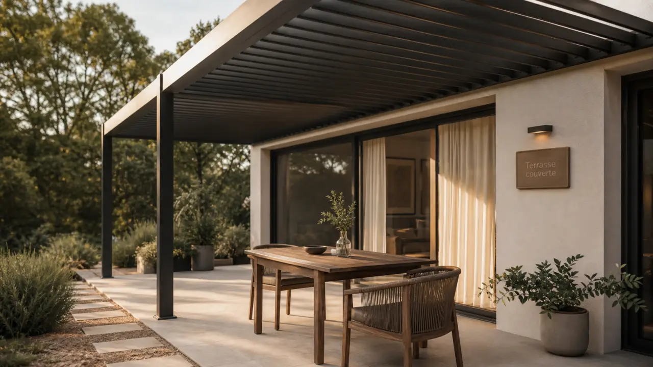 Terrasse couverte maison avec pergola aluminium anthracite