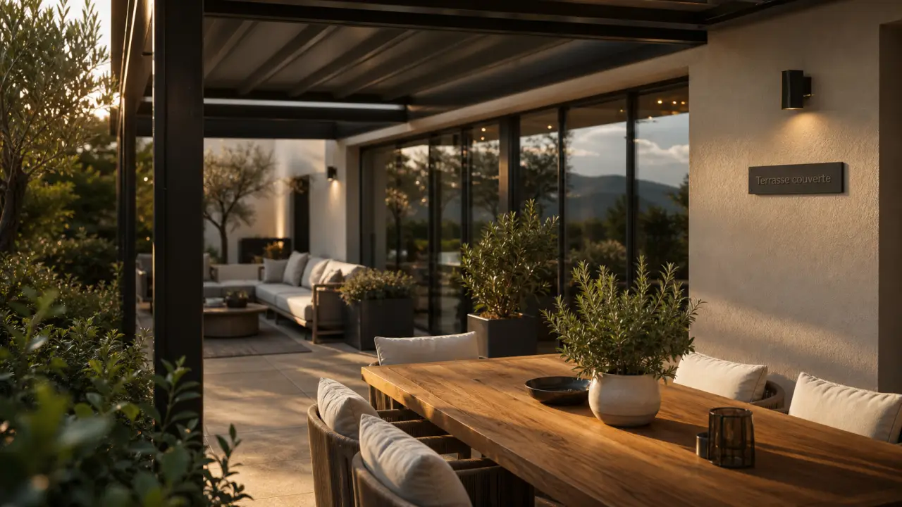 Terrasse couverte par une pergola en aluminium noir avec salon d exterieur au coucher du soleil