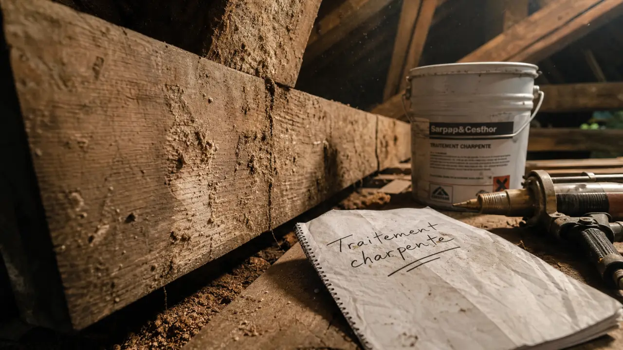 Traitement charpente bois : poutre avec vermoulure et sciure