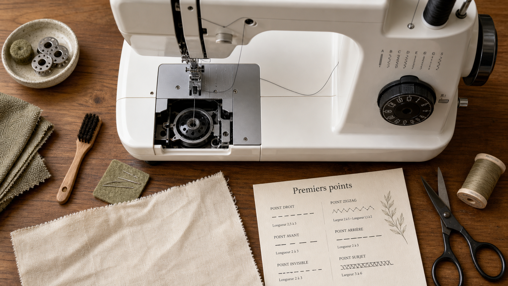 Tutoriel machine à coudre : premiers points, machine avec enfilage et tissu