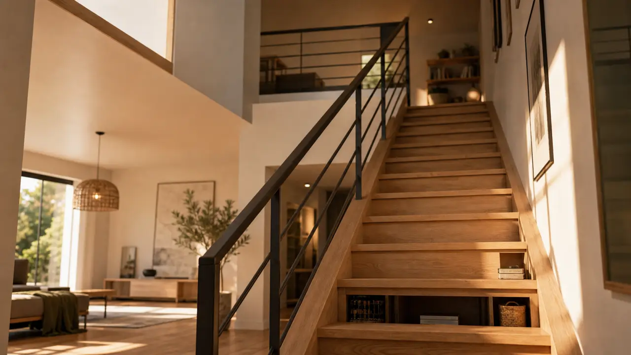 Type escalier en bois avec trémie et rangements sous marches