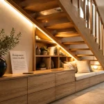 Aménagement sous escalier ouvert : rangement sous pente, caissons en bois