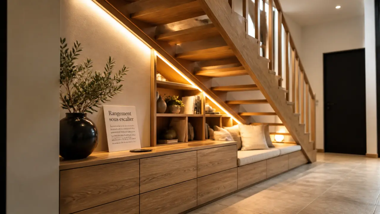 Aménagement sous escalier ouvert : rangement sous pente, caissons en bois
