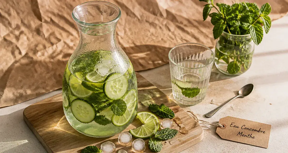 Aromatiser l eau : eau concombre menthe citron vert, carafe en verre