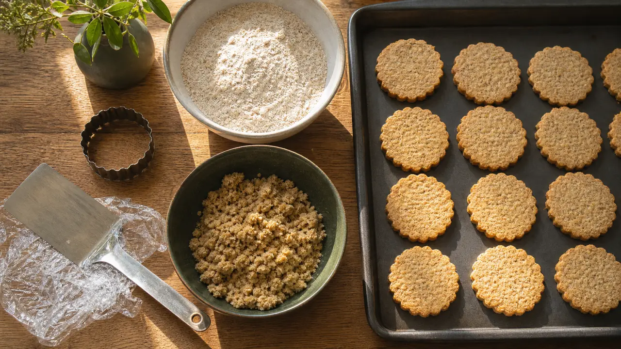 Biscuit sarrasin au blé noir, plaque de biscuits sur plan en bois, farine