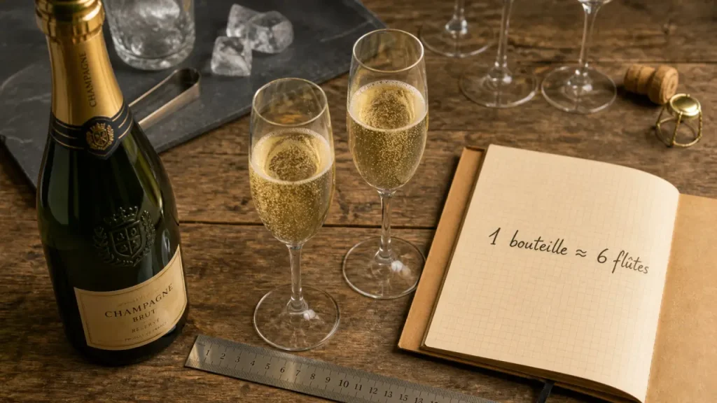 Combien de champagne par personne ? 6 flûtes, 2 coupes, 10 % de marge