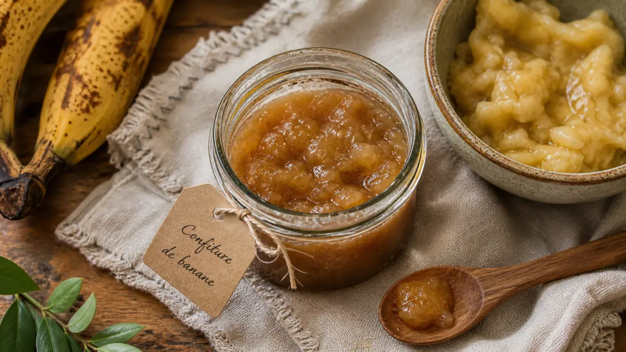 Confiture de banane maison en bocal sur planche en bois