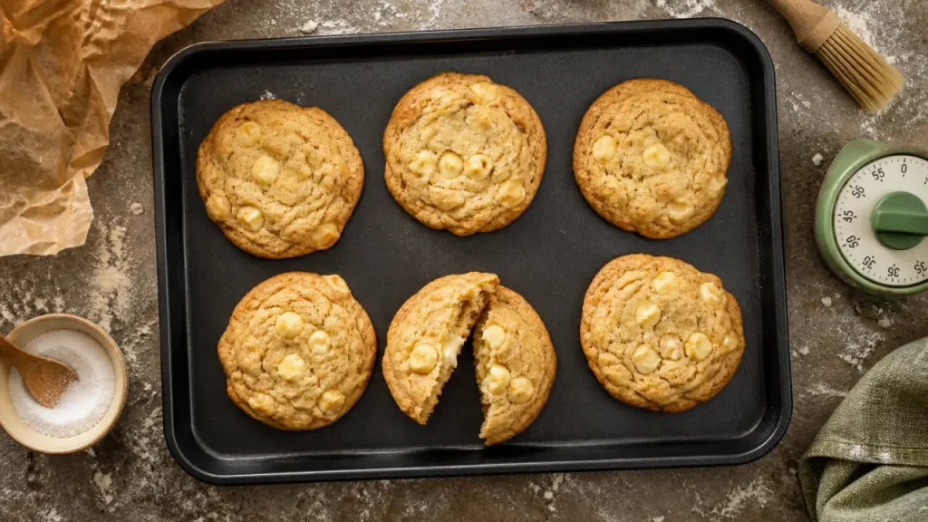 Cookies au chocolat blanc : moelleux au centre, bords dorés et cuisson à 180 °C